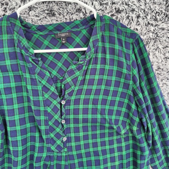 Talbots Woman Plaid Tunic Shirt Green Navy Blue Button Front Plus 1X Cotton fall - Picture 8 of 16